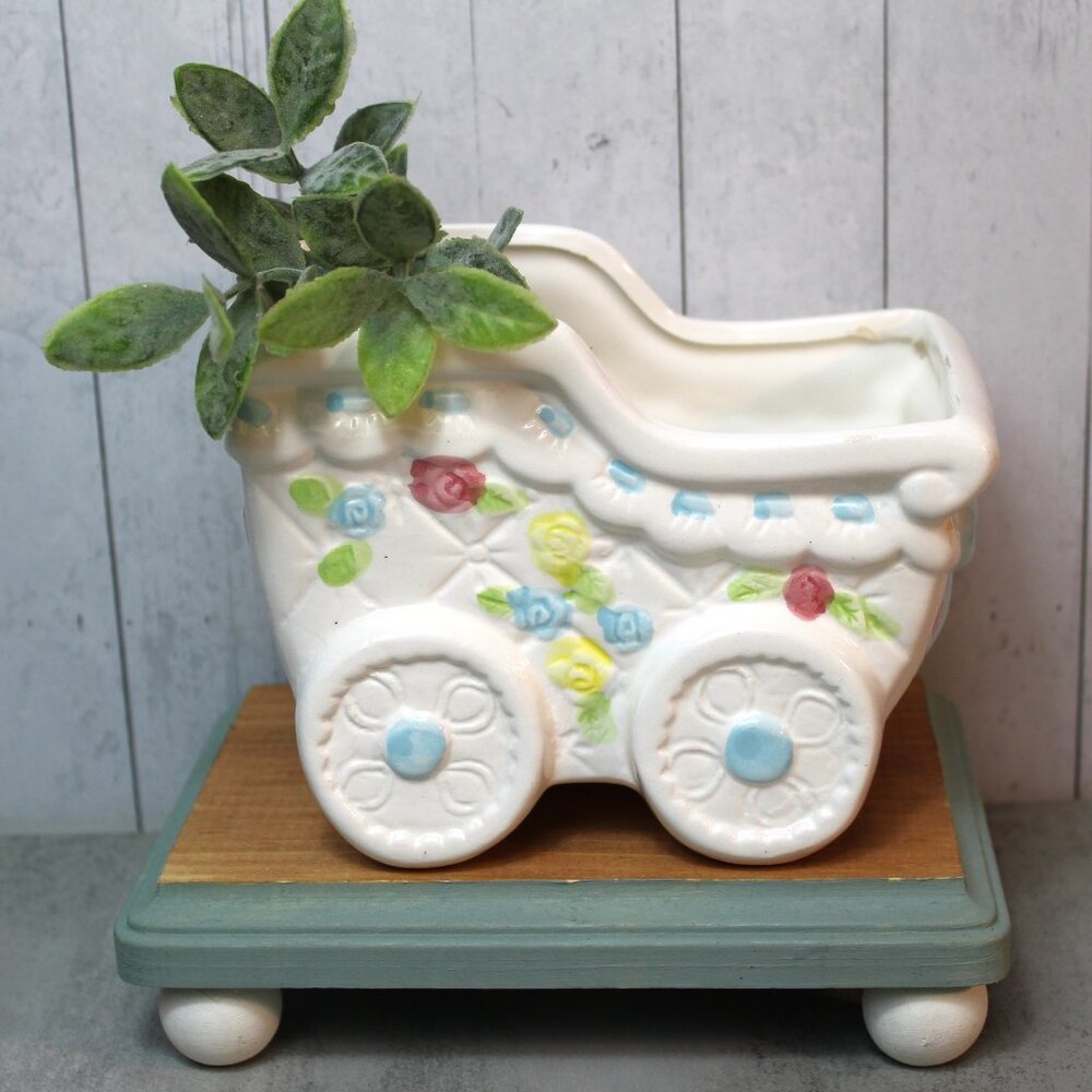 Vintage Ceramic Baby Carriage Planter Giftwares Co Roses White Quilted Pattern